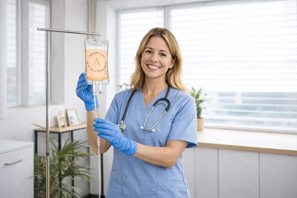 Doctor holding IV vitamin drip at Aniyah Care Ajax clinic