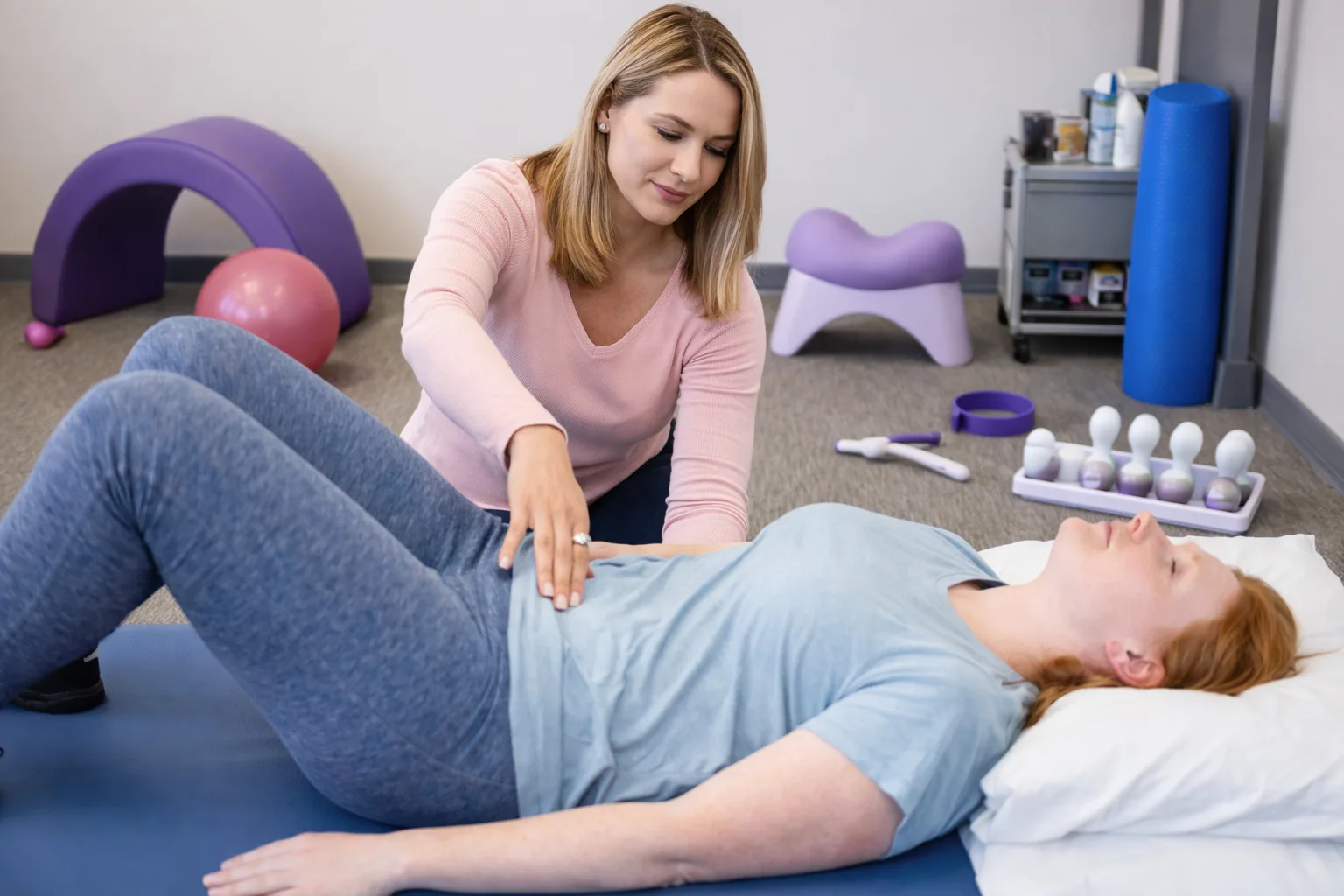 Female patient performing pelvic floor exercises for bladder leaks under expert supervision