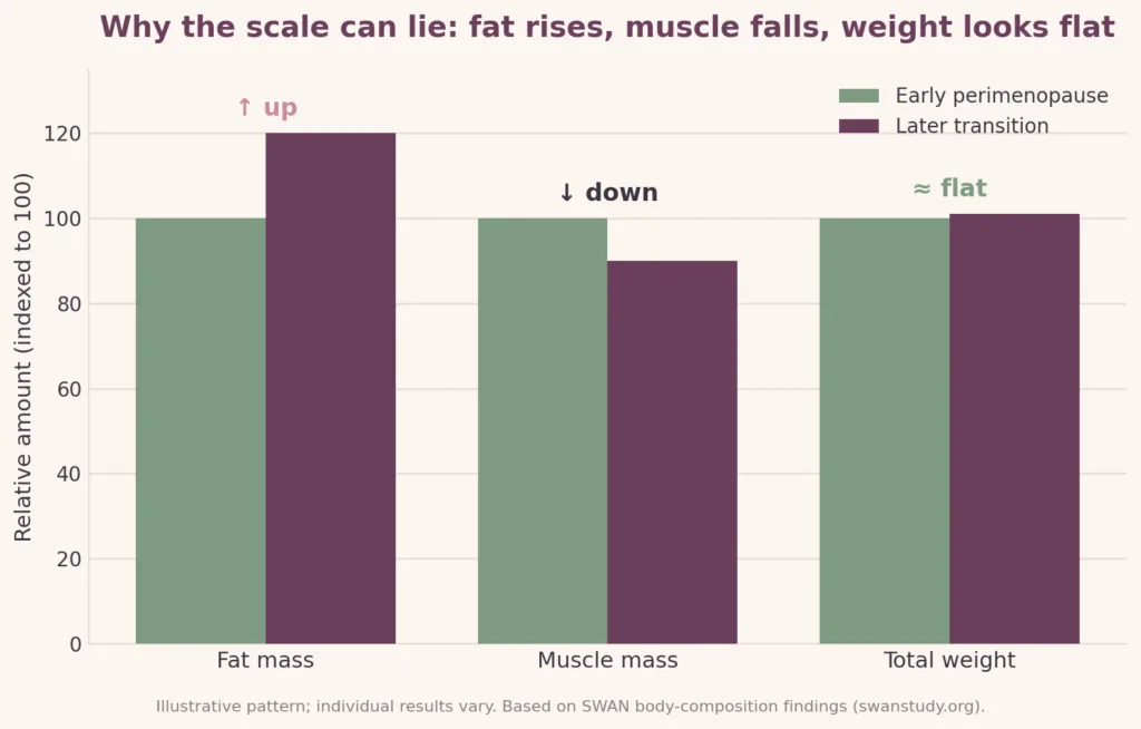 Chart showing that during perimenopause fat mass rises and muscle mass falls while total body weight stays roughly the same.