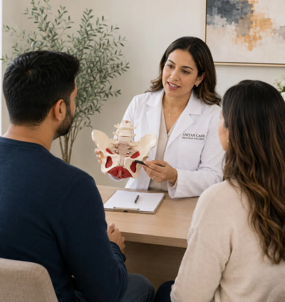 Doctor explaining the pelvic floor to a man and woman during a pelvic health consultation